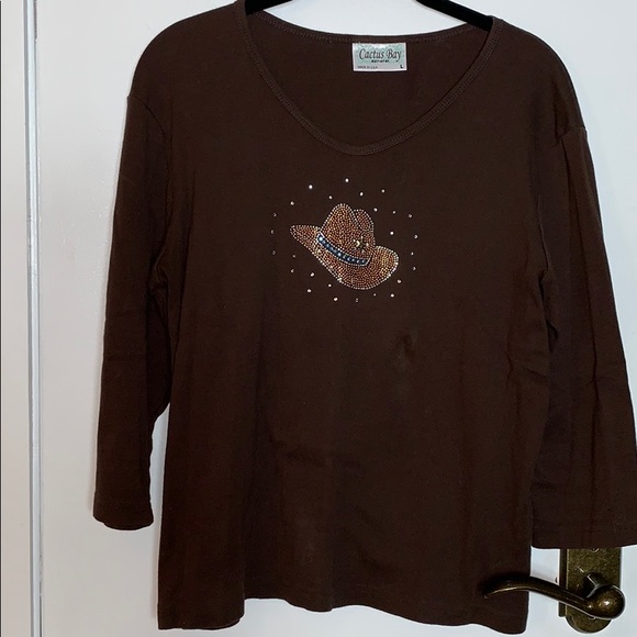 Cactus Bay Tops - Cactus Bay brown 3/4 sleeves w/beaded cowboy hat L